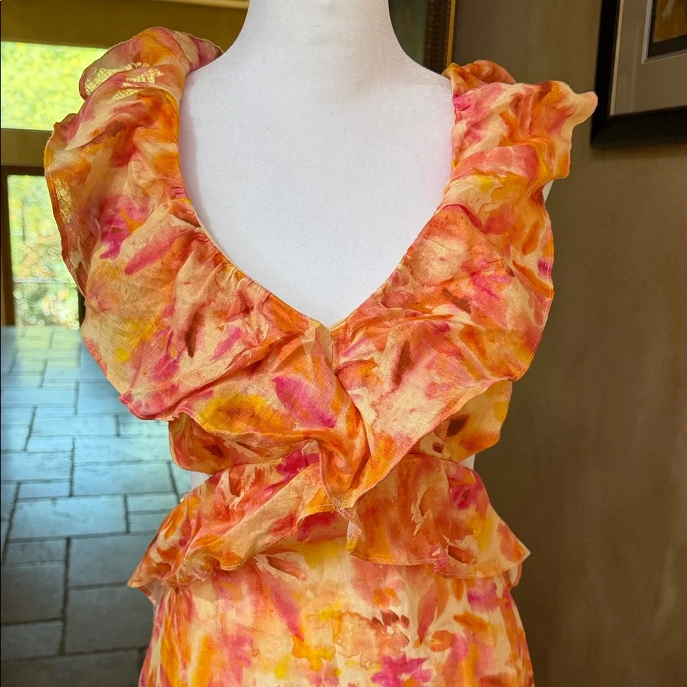 Zara Flutter-Sleeve linen Open-Back Maxi Dress in Orange Floral - Picture 4 of 15